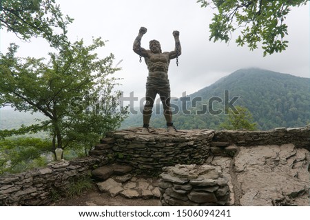 Statue of Unbound Prometheus with Broken Chain on the Eagle Rocks in the Caucasus, raw original picture