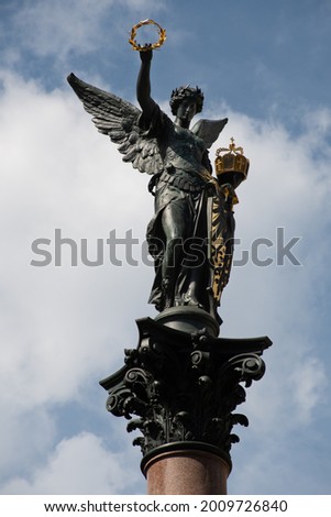 Statue of Victory on top of the Kriegerdenkmal Köpfleinsberg in Nuremberg, Germany, a 19th-century victory column that serves as a memorial for the fallen of the 1870-71 Franco-Prussian War