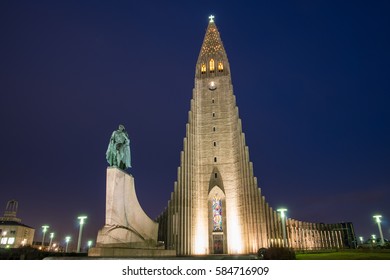 Statue Of Viking Leif Eriksson, Discoverer Of Vinland In America, In Front Of Famous Church Hallgrimskirkja In Reykjavik, Iceland