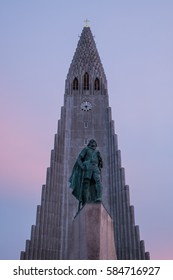 Statue Of Viking Leif Eriksson, Discoverer Of Vinland In America, In Front Of Famous Church Hallgrimskirkja In Reykjavik, Iceland