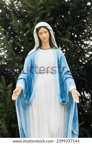 Statue of Virgin Mary. Mother Mary outdoor. Open arms love. Religious background. Catholic religion holy person. Blessed Mother Mary with pine tree behind. Coniferous background.
