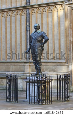 statue of William Herbert 3rd Earl of Pembroke chancellor of the university and friend of William Shakespeare outside the entrance to the Bodleian Library in Oxford England