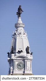 Statue of William Penn high atop City Hall in downtown Philadelphia, Pennsylvania