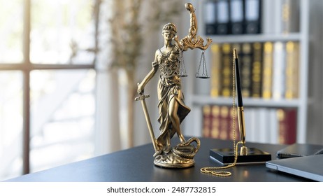 A statue of a woman holding scales and a pen on a desk. The statue is a symbol of justice and the pen is a tool for writing. The scene suggests a serious and professional atmosphere - Powered by Shutterstock