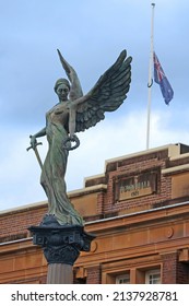 Statue of a woman with wings outside Marrickville town hall to commemorate local soldiers who died in service WW1. Soldiers' Memorial. Winged Victory
