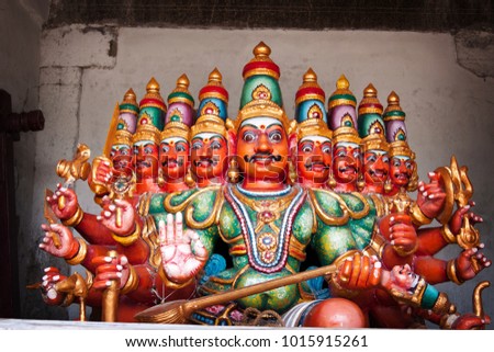 Statues of demon Ravan from Indian mythology Ramayana in Hindu temple in Tamil Nadu, India