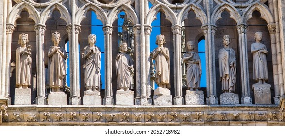 Statues of the first eight kings of Castile on the main facade of the Gothic cathedral of Burgos, Spain