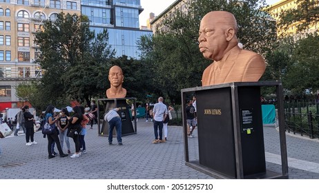 Statues of George Floyd, John Lewis and Breonna Taylor are unveiled in Union Square, New York City on October 1, 2021. 