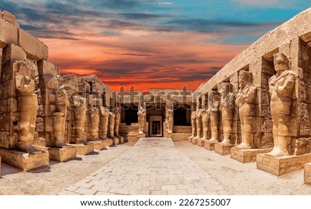 Statues of the Great Temple of Amun at sunset, Karnak Temple most famous view, Luxor, Egypt