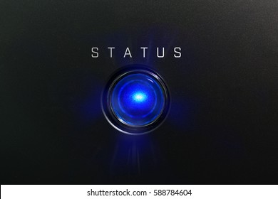 Status Indicator Or Lamp. Blue Glowing Warning Lamp Or Button Black Panel With The Words, 