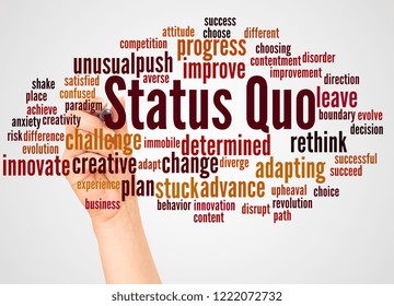 Status Quo Word Cloud And Hand With Marker Concept On White Background.