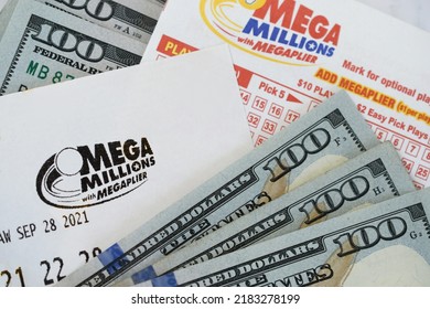 Staunton, Virginia USA Oct 1, 2021 Mega Millions Lottery Tickets And Hundred Dollar Bills