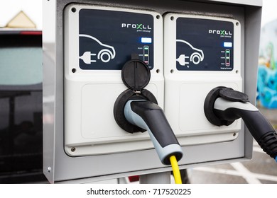 Stavanger, Norway - August 24 2017: Charging For An Electric Car In A Norwegian City