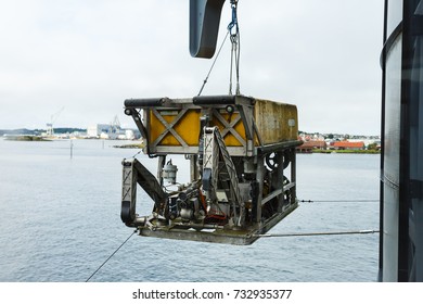 Stavanger, Norway - August 26 2017: Yellow Robot Subsea Equipment COBRA Is Hanged On A Crane In Norwegian Petroleum Museum