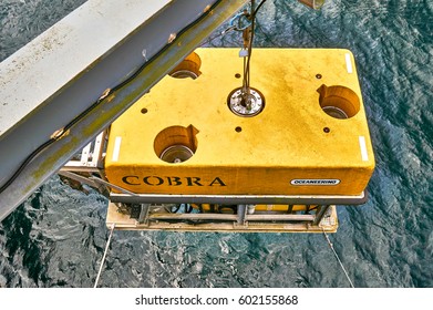 Stavanger, Norway - July 26, 2015:  Cobra Robot Yellow Subsea Equipment In Norwegian Petroleum Museum. Fjord - Boknafjord, County Rogaland Region Vestlandet.