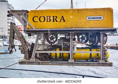 Stavanger, Norway - July 26, 2015:  Cobra Robot Yellow Subsea Equipment In Norwegian Petroleum Museum. Fjord - Boknafjord, County Rogaland Region Vestlandet.