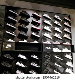 Stavanger, Norway - September 16, 2019 Two,Established Fashion Footwear Competitors, Nike And Fila. Nike Founded By Phil Knight And Bill Bowerman In 1964, Became Nike In 1974. Fila Was Founded In 1911