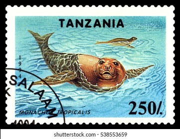 STAVROPOL, RUSSIA - December 11, 2016: A Stamp Printed By Tanzania Shows  Monachus Tropicalis (Caribbean Monk Seal),  Circa 1994