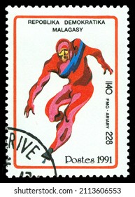 STAVROPOL, RUSSIA - January 24. 2022: A Stamp Printed By Malagasy Republic Shows Skater,  FMG - April, Circa 1991 