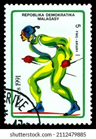 STAVROPOL, RUSSIA - January 25. 2022: A Stamp Printed By Malagasy Republic Shows Skier,  FMG - April, Circa 1991 