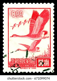 STAVROPOL, RUSSIA - July 03, 2017: A stamp printed in Republic of China shows Wild geese flight, circa 1968