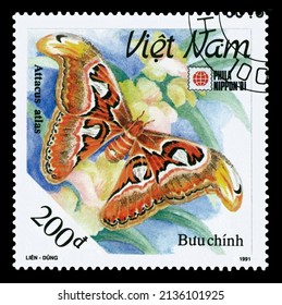 STAVROPOL, RUSSIA - March 11 2022:  A stamp printed in Vietnam shows butterfly Attakus  atlas, series, circa 1991.
