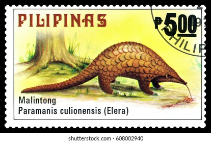 STAVROPOL, RUSSIA - March 17, 2017: A Stamp Printed By Philippines Shows  Malayan Pangolin, Philippine Animals, Circa 1979.