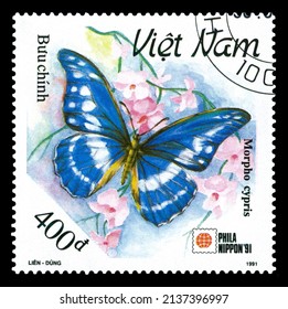 STAVROPOL, RUSSIA - March 19 2022:  A stamp printed in Vietnam shows butterfly Morpho cyprus (Morpho cypris), series, circa 1991.