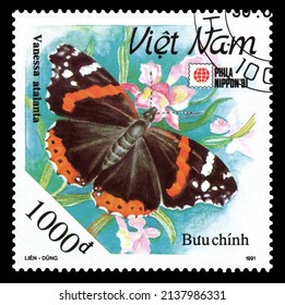 STAVROPOL, RUSSIA - March 22 2022:  A stamp printed in Vietnam shows butterfly Vanessa atalanta (Vanessa atalanta), series, circa 1991.