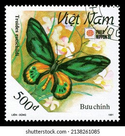 STAVROPOL, RUSSIA - March 23 2022:  A stamp printed in Vietnam shows butterfly Troides Rothschild  (Troides Rothschild), series, circa 1991.