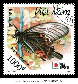 STAVROPOL, RUSSIA - March 23 2022:  A stamp printed in Vietnam shows butterfly Papilio Demetrius (Papilio Demetrius), series, circa 1991.