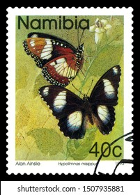 STAVROPOL, RUSSIA -  September, 15  2019: A stamp printed in Namibia shows butterfly Hipolimnas misippus, series Butterflies, circa 1993.