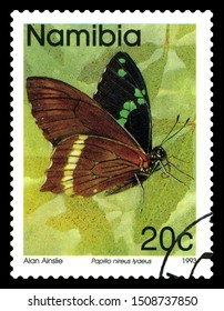STAVROPOL, RUSSIA -  September, 19  2019: A stamp printed in Namibia shows butterfly Pseudacraea lyaeus, Papilio nireus lyaeus, series Butterflies, circa 1993.