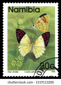 STAVROPOL, RUSSIA -  September, 30  2019: A stamp printed in Namibia shows butterfly  Colotis celimene pholoe, series Butterflies, circa 1993.
