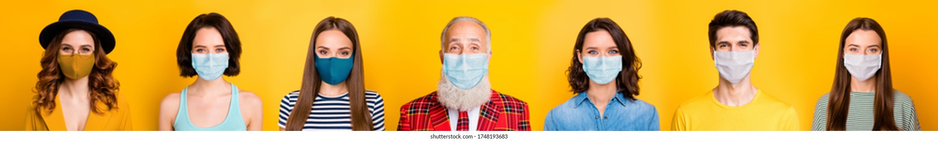 Stay at home covid-2019 fashion trend concept. Photo portrait montage composite multiple image of happy conscious group of people having sterile masks isolated on bright yellow background