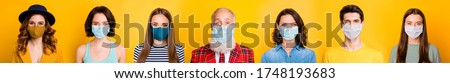 Stay at home covid-2019 fashion trend concept. Photo portrait montage composite multiple image of happy conscious group of people having sterile masks isolated on bright yellow background