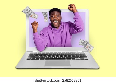 Stay home and earn money artwork image young guy look out of big screen laptop celebrate income cryptocurrency investment succeed concept