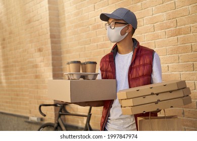 Stay Home. Male Courier Wearing Face Protective Mask Holding Var