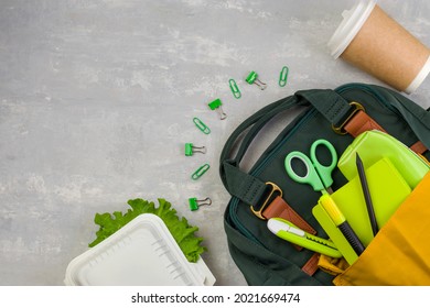 Stay Safe. Lunch Box, School And Office Supplies On A Light Background. Back To School Concept. Social Distance, Learning And Home Education. Top View. Copy Space.