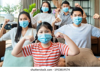 Stay Strong Healthy Asian Family Multi Generation Wearing Virus Protective Face Mask Stay Quarantane Together At Living Room Home Background Social Distacing New Normal Lifestyle