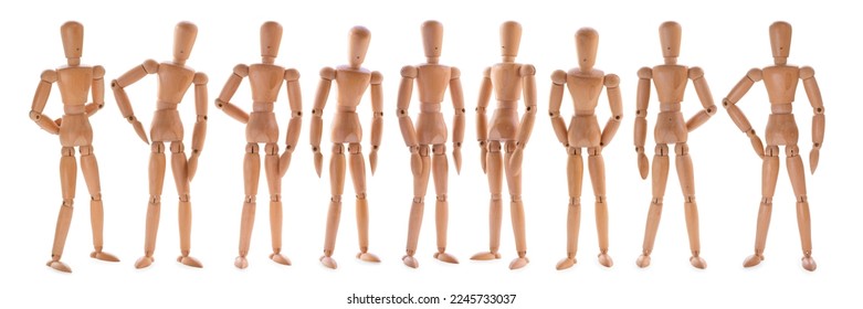 Staying in different poses wooden dummies set. Set of wooden mannequins isolated on white, clipping path included - Shutterstock ID 2245733037