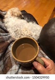 Staying Warm With A Cup Of Coffee And A Dog On A Lazy Boy Chair