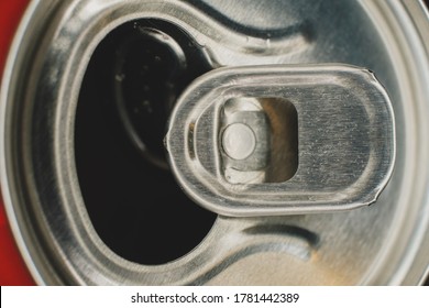 Stay-on-tab Opening Mechanism On An Aluminum Beverage Can. Can Of Soda Lemonade Macro View. Beverage Can Pull Tab. Can Of Soda Lemonade Macro View.