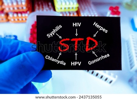 STD (Sexually Transmitted Disease) term, HIV, Syphilis, Herpes, HPV, Chlamydia, gonorrhea. STDs , STOP STD. Medical and healthcare concept.  laboratory background.