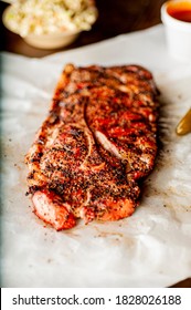 Steak. Barbecue Grilled Steak Served With Classic Bbq Sides Mac N Cheese, Cornbread, Brussels Sprouts, Coleslaw & Beer. Classic Traditional Texas Meats & Side Dishes.