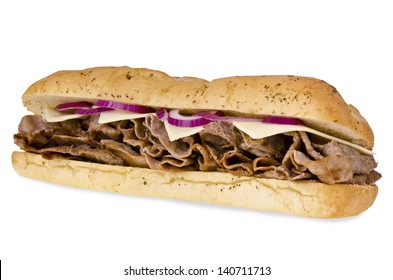 Steak Cheese Sub Sandwich Isolated On White Background.