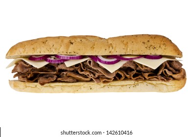 Steak Cheese Sub Sandwich Isolated On White Background. Front View.