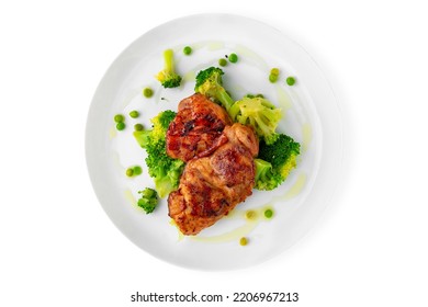 Steak With Chicken Or Turkey With Vegetables. Balanced, Nutritious, Tasty And Nutritious Food. Ready-made Menu For A Restaurant Or For Delivery. Dish In A White Plate Isolated On A White Background.