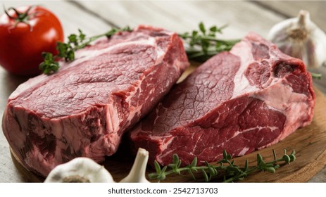 Steak Cuts: Marbled raw steak on a wooden surface, surrounded by fresh tomato, garlic bulbs, and green herbs, ready for culinary preparation. - Powered by Shutterstock