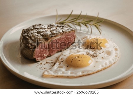 a steak and eggs breakfast on a ceramic plate.